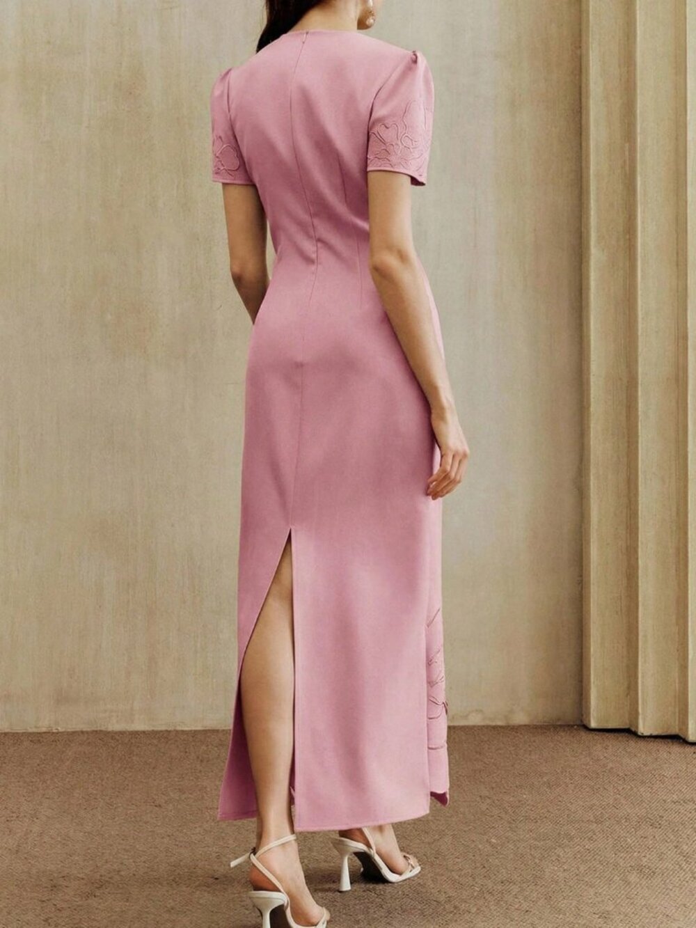 Pink Elegant Women's Straight Waist-Cinching Short Sleeve Dress - Picture 2 of 7